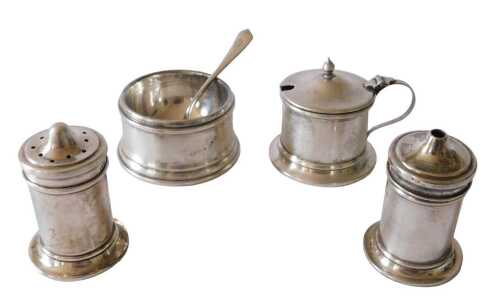 An Edward VIII four piece part cruet set, comprising mustard pot, 5cm high, open salt, further...