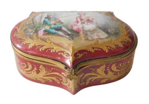 A Sevres porcelain Chateau de Tuileries box, the hinged lid hand painted with figures of a...