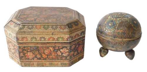 An Indian Kashmir canted rectangular box and a similar circular box and cover, 10cm diameter....