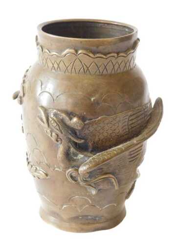 Late 19th/early 20thC Meiji School. A bronze vase, applied with a phoenix and a smaller bird,...