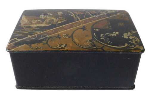 A Victorian black papier mache box and cover, the lid decorated with birds and flowers in...