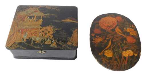 A Victorian papier mache box, the hinged lid decorated in Oriental style, with figures,...