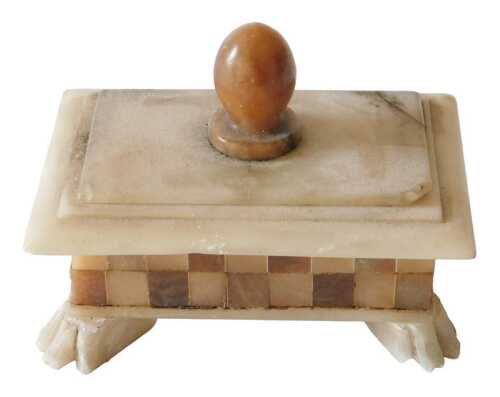 A 19thC alabaster box and cover, with a turned finial and paw feet, 12cm wide. Offsite Sale -...