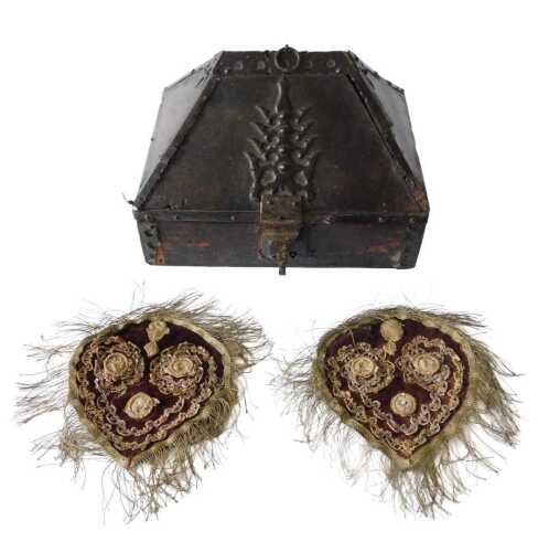 An Eastern box and cover, with pierced brass mounts, 29cm wide, and two mats. (3) Offsite Sale -...