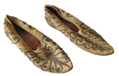 A pair of 19thC Turkish silk shoes, each embroidered in silvered metallic thread, 29cm long....