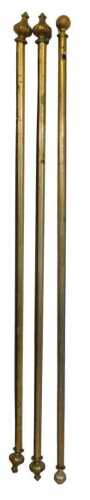 A pair of brass curtain poles, with leaf cast finials, 206cm long, and another, 208cm long....