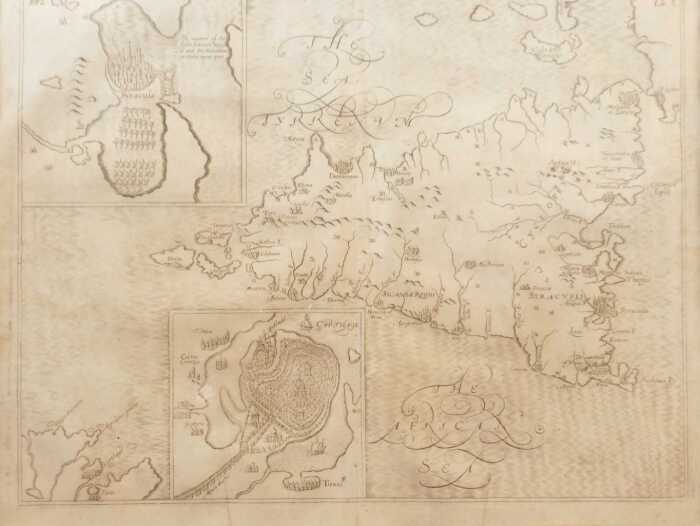 An antiquarian map of Sicily, 17th/18thC, with vignettes of Syraculoa and Carthage, bookplate...