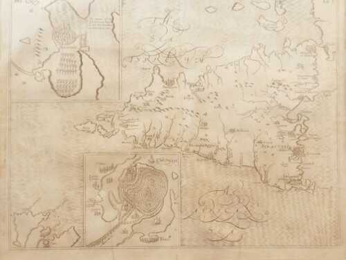 An antiquarian map of Sicily, 17th/18thC, with vignettes of Syraculoa and Carthage, bookplate...