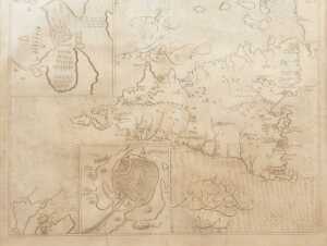 An antiquarian map of Sicily, 17th/18thC, with vignettes of Syraculoa and Carthage, bookplate...