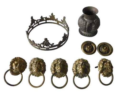 Various metalware, early 20thC fittings, metal jar of bulbous form, with repousse decorated...
