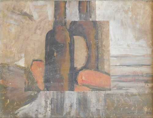 Looker (20thC). Still life study with wine bottle, oil on board, signed and dated (19)50, 30cm x...