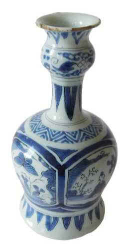A late 18th/early 19thC Delft tulip vase, decorated in Kraak style, with figures, butterflies...