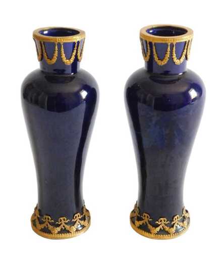 A pair of French blue glazed vases, each with gilt metal mounts, in the manner of Sevres, 24cm...