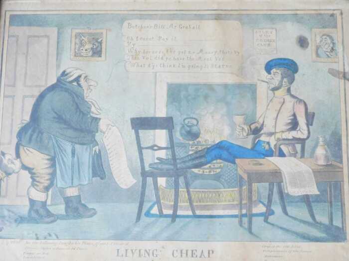 After C J Grant. Living Cheap, a 19thC hand coloured satirical cartoon, published by Tregear,...