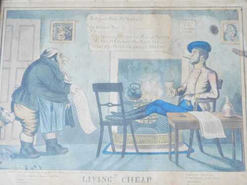 After C J Grant. Living Cheap, a 19thC hand coloured satirical cartoon, published by Tregear,...
