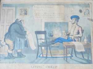 After C J Grant. Living Cheap, a 19thC hand coloured satirical cartoon, published by Tregear,...