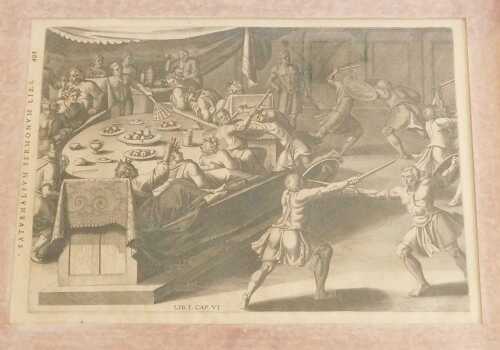 After Pieter Van Der Borcht. Spectacle de Gladiateurs dans une Maison, framed and mounted book...