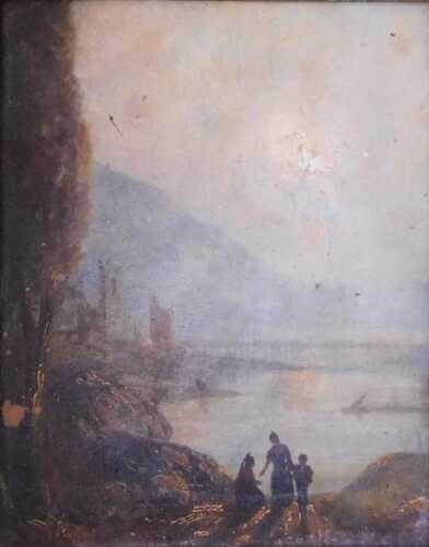 19thC Continental School. Lake scene with figures in the foreground, oil on panel, 21.5cm x 17cm....