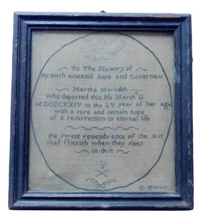 A 19thC memoriam needlework sampler, To the Memory of my much esteem'd Aunt and Governess,...
