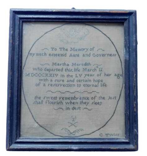 A 19thC memoriam needlework sampler, To the Memory of my much esteem'd Aunt and Governess,...