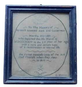 A 19thC memoriam needlework sampler, To the Memory of my much esteem'd Aunt and Governess,...
