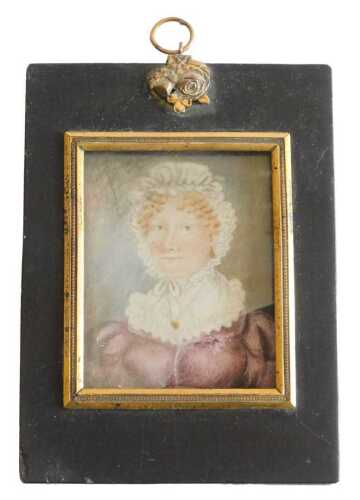19thC portrait miniature. Head and shoulders of a lady in lace bonnet, watercolour, 7cm x 5.5cm....