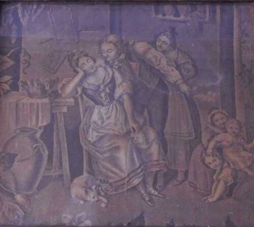19thC School. Satirical family scene with figure blowing smoke, printed textile, 30cm x 35cm, in...