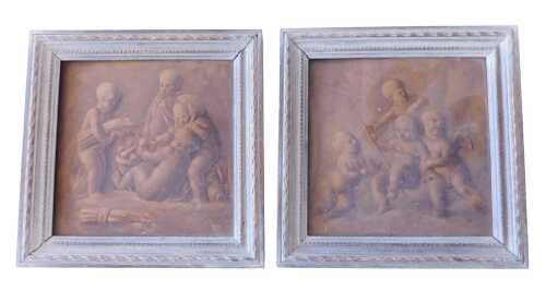 19thC School. Cherubs, over painted prints, a pair, 20.5cm x 20.5cm. Offsite Sale - Buying &...