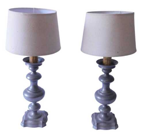 A pair of French pewter table lamps, each of baluster form, with cream linen shade, 62cm high....