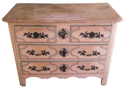 A 19thC French commode, the top with a moulded edge and rounded corners, painted to simulate...