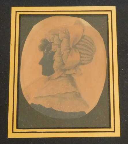 19thC portrait miniature. Maiden with bonnet in profile, watercolour, 11cm x 8.5cm. Offsite Sale...
