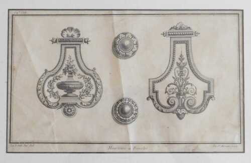 After De La Londe. Heurtoirs a Boucles, engraved print, 17cm x 26cm, later framed and mounted....