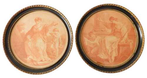 After Angelica Kauffman. Cupid Diarmed By The Graces, mezzotint, a pair, 30cm diameter. Offsite...