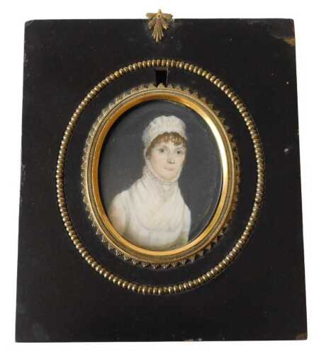 19thC portrait miniature. Head and shoulders study of a young lady, oil, 7.5cm x 6cm. Offsite...