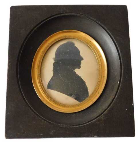 19thC silhouette portrait miniature. Head and shoulders study of a gentleman in profile,...
