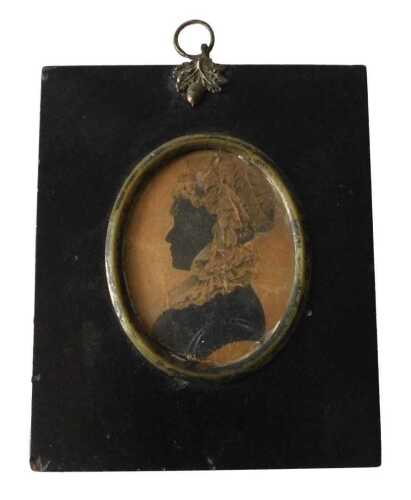 19thC silhouette portrait miniature. Head and shoulders study of a lady in profile, watercolour,...