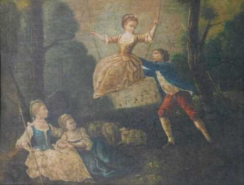 19thC French School. Garden scene with maiden on a swing, oil on panel, 54cm x 71cm. Offsite...