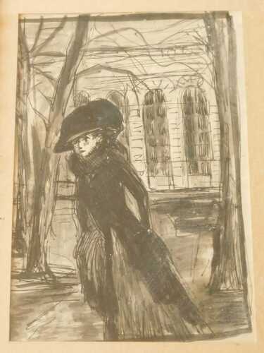 20thC Continental School. Park scene with lady, ink wash, 23.5cm x 15.5cm. Offsite Sale - Buying...