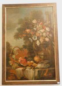 19thC French School. Still life study of mixed flowers in a garden urn, with fruit and dead game... - 2