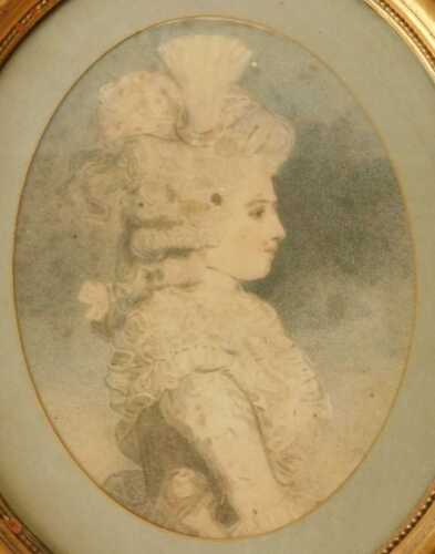 19thC coloured stipple engraving of a maiden in costume, 31cm x 23cm, in ornate gilt frame....