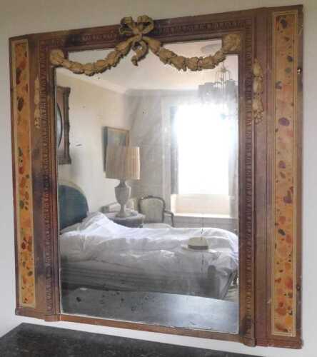 A 19thC French overmantel mirror, painted to simulate marble, the rectangular plate with a bell...