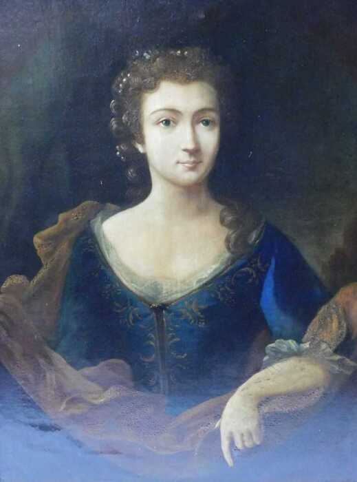 18th/19thC French School. Portrait of an unknown lady in a blue dress and brown wrap, oil on...