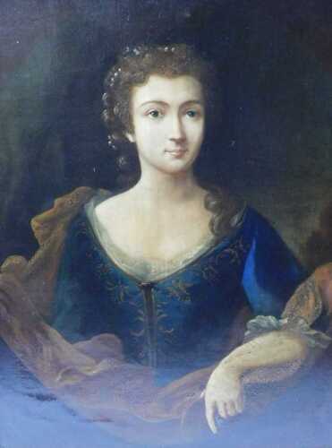 18th/19thC French School. Portrait of an unknown lady in a blue dress and brown wrap, oil on...
