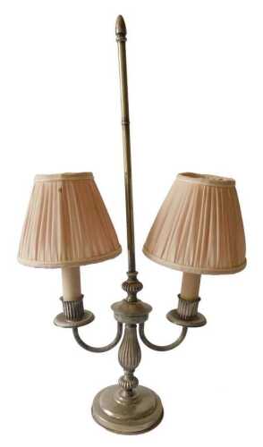 A silver plated table lamp, with two reeded branches, on a reeded support, with domed foot, 56cm...