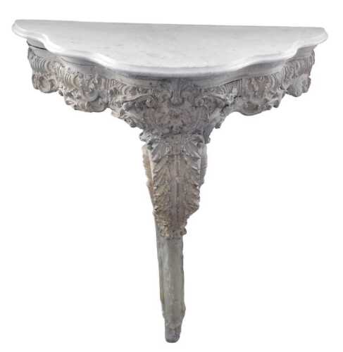 A Continental grey painted gesso console table, with a shaped white marble top, above a frieze...