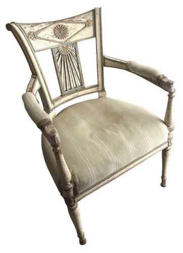 A 19thC French cream painted open armchair, the tapering back decorated with a roundel and with...