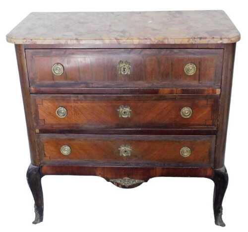 A late 18th/early 19thC French mahogany commode, the Breche d'Alep rectangular top, with rounded...