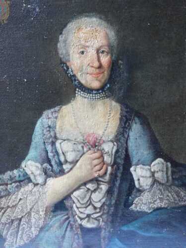 18thC French School. Portrait of an unknown noble lady, half length, in blue silk dress and...