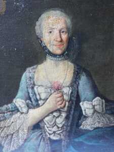 18thC French School. Portrait of an unknown noble lady, half length, in blue silk dress and...