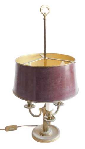 A French gilt brass table lamp, with three shaped arms, fluted column and a domed foot, with...